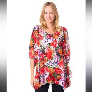 Tianello Royal Bouquet Red Purple Floral Blouse Women’s Size Medium